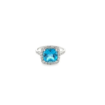 10K White Gold Diamonds Ring with Cushion Cut Blue Topaz
