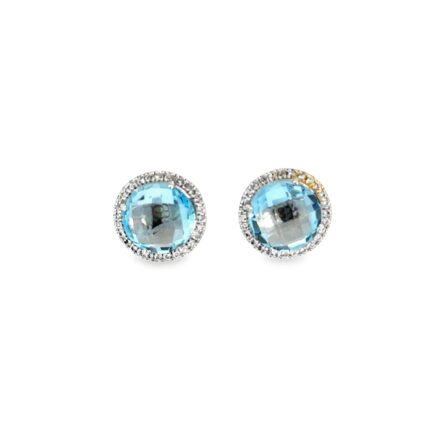 Silver Diamonds Stud Earrings with Bluish Green Aquamarine