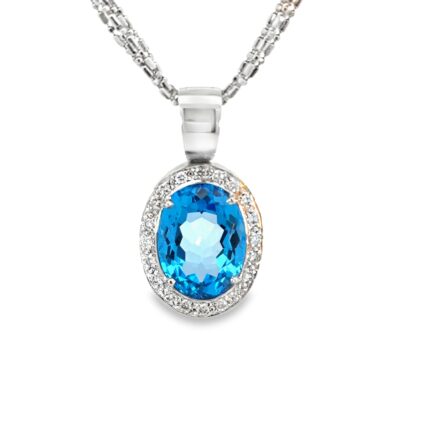 18K White Gold Charm 5 Strings Necklace with Oval Cut Blue Topaz Pendant