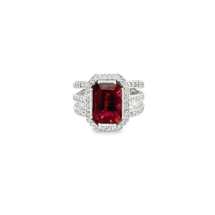 14K Multi Diamonds Ring with Emerald Cut Tourmaline